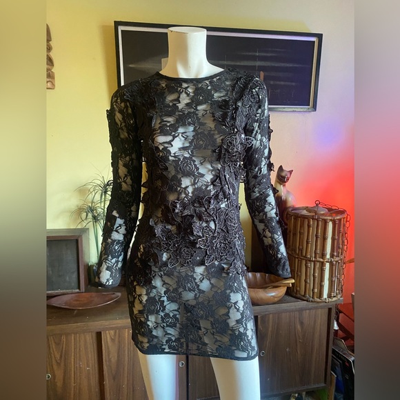 Lace black gothic elegant dark floral appliqué cocktail sexy vamp dress prom - Picture 2 of 6